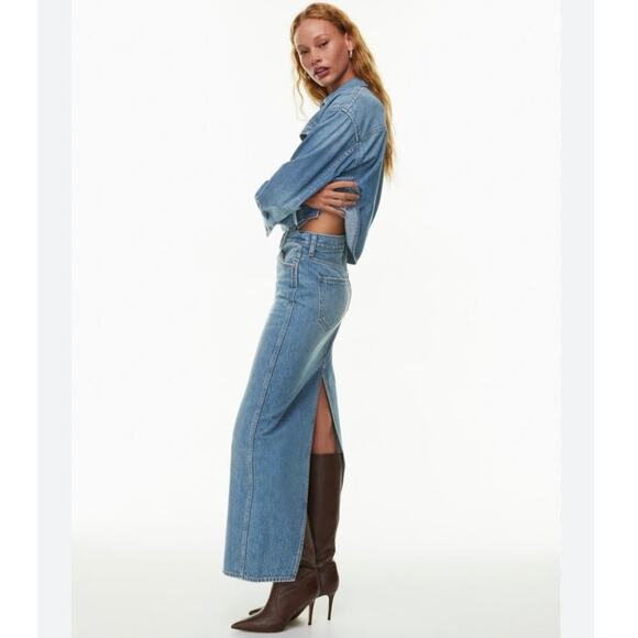 NWT Aritzia Denim Forum ’90s High Rise Pencil Maxi Jean Skirt Slit Blue Size 27 - Picture 1 of 10
